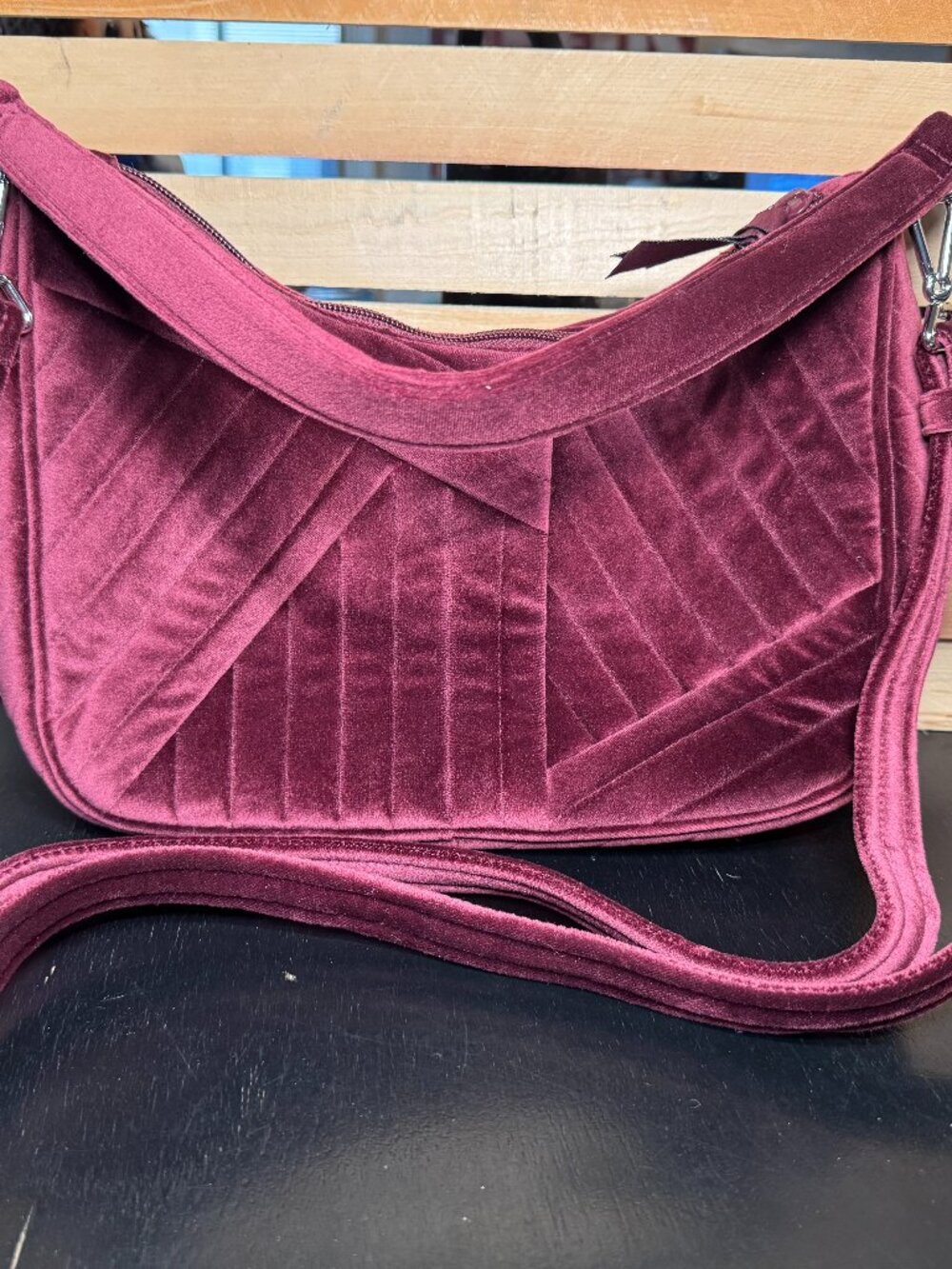 Vera Bradley Women's Velvet Frannie Crescent Crossbody Purse Burgundy